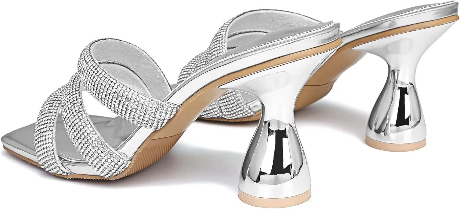 Women's Rhinestone Square Heeled Sandals Slip On Peep Toe Chunky Block Kitten High Heels Mules Slippers Slides Fashion Wedding Dress Backless Pump Shoes