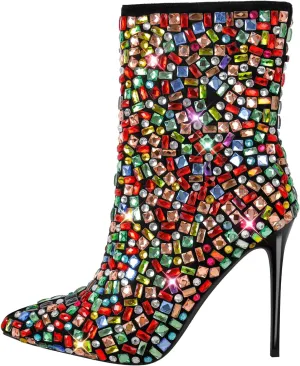 Women's Rhinestones Studded Sparkly Slim High Heels Side Zipper Ankle Boots