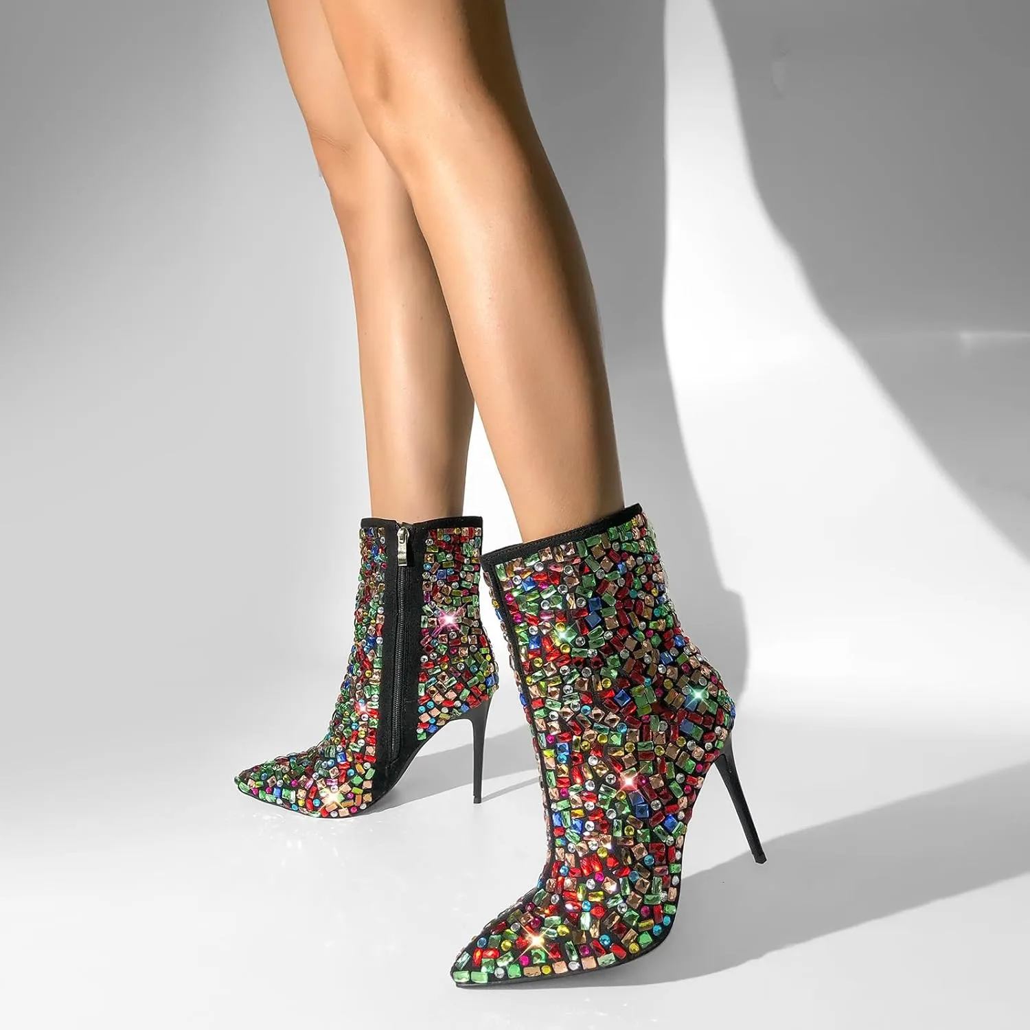 Women's Rhinestones Studded Sparkly Slim High Heels Side Zipper Ankle Boots