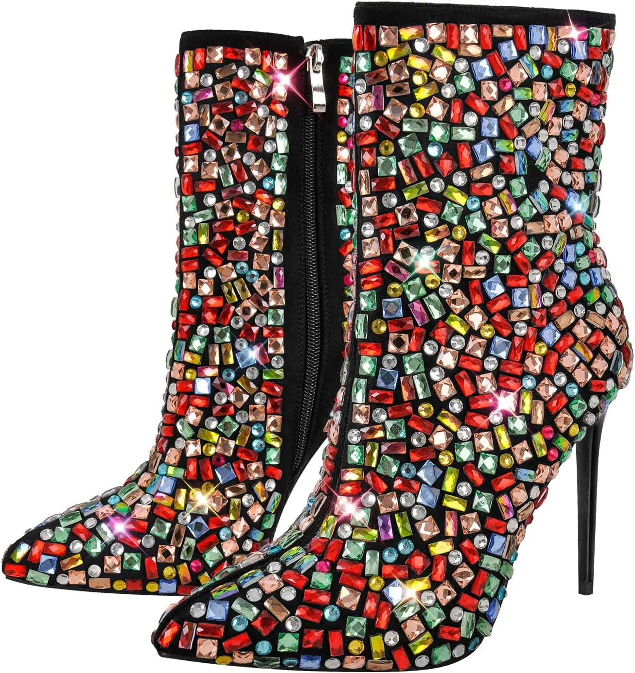 Women's Rhinestones Studded Sparkly Slim High Heels Side Zipper Ankle Boots