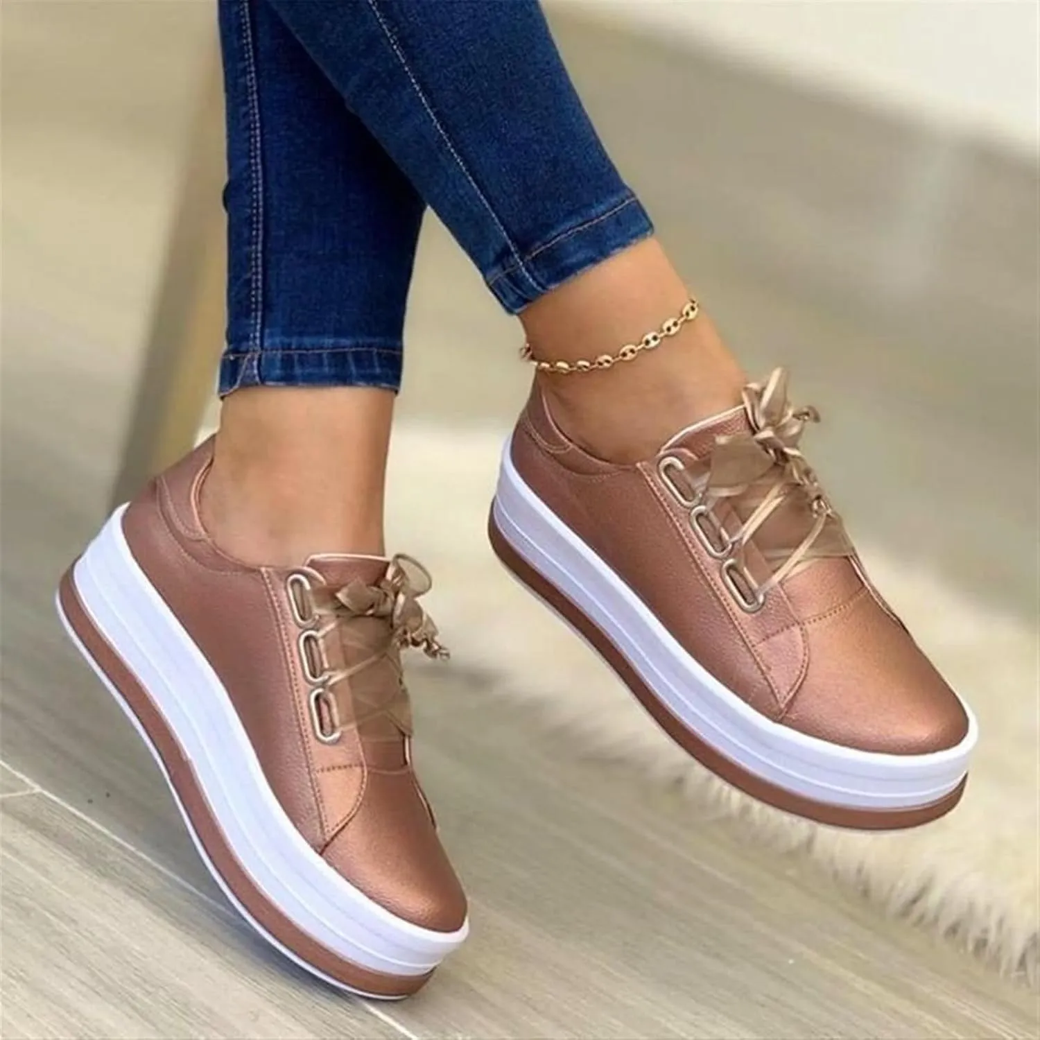 Women's Round Toe Wedges Sneakers Fashion Classic Low Cut Lace Up Platform Walking Dress Shoes Summer Lightweight Breathable Orthotic Flat Loafers Sporty