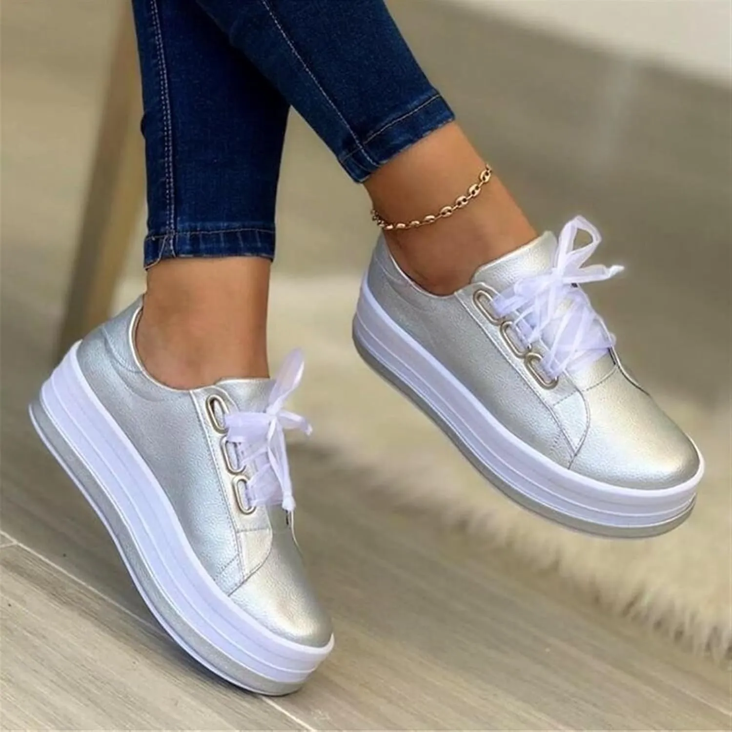 Women's Round Toe Wedges Sneakers Fashion Classic Low Cut Lace Up Platform Walking Dress Shoes Summer Lightweight Breathable Orthotic Flat Loafers Sporty