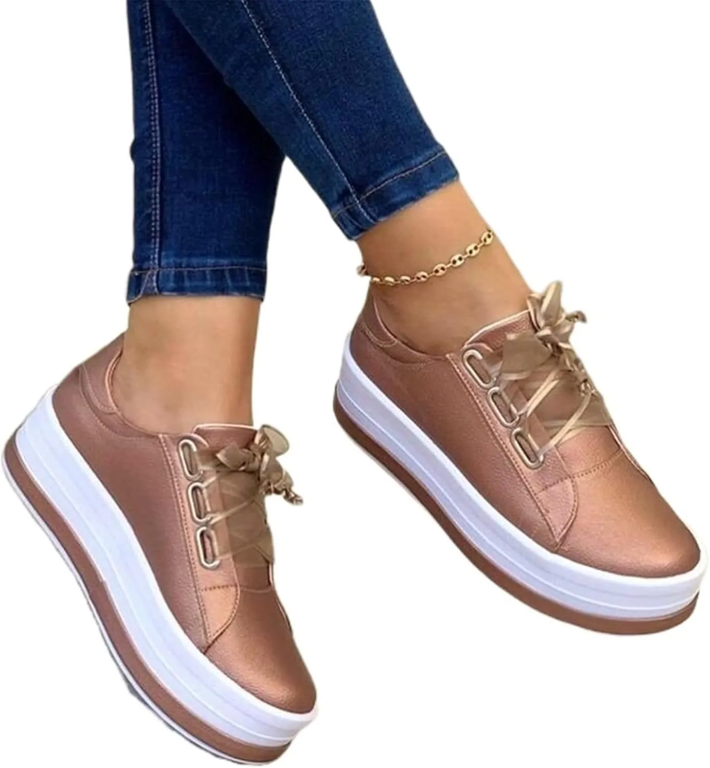 Women's Round Toe Wedges Sneakers Fashion Classic Low Cut Lace Up Platform Walking Dress Shoes Summer Lightweight Breathable Orthotic Flat Loafers Sporty