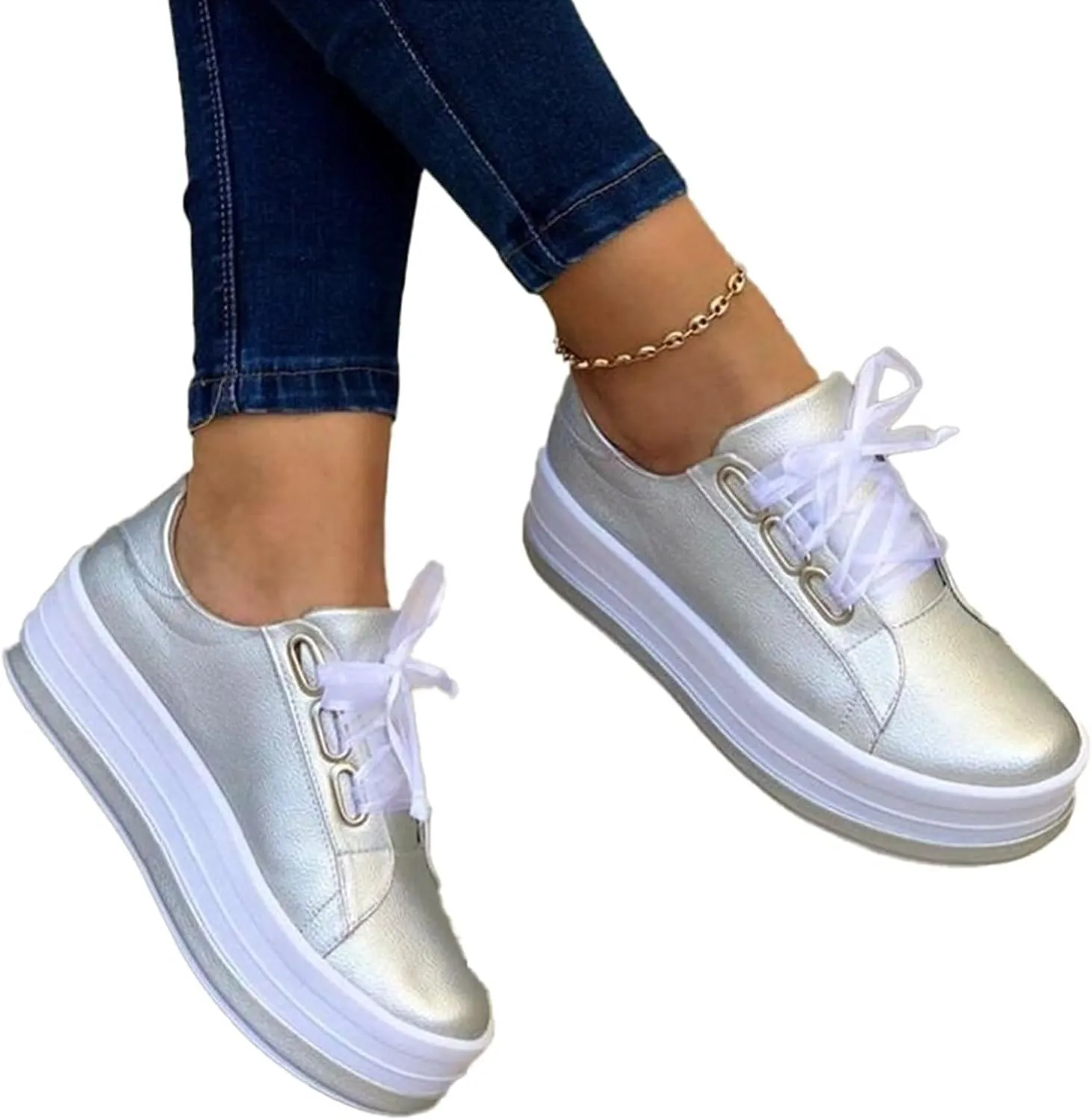 Women's Round Toe Wedges Sneakers Fashion Classic Low Cut Lace Up Platform Walking Dress Shoes Summer Lightweight Breathable Orthotic Flat Loafers Sporty