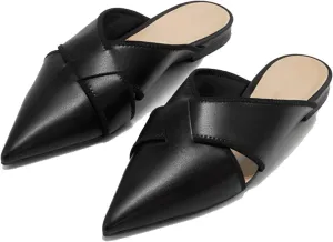Women's Slip On Flat Mules Closed Pointed Toe Cut Out Comfortable Cross Strap Backless Loafer Shoes