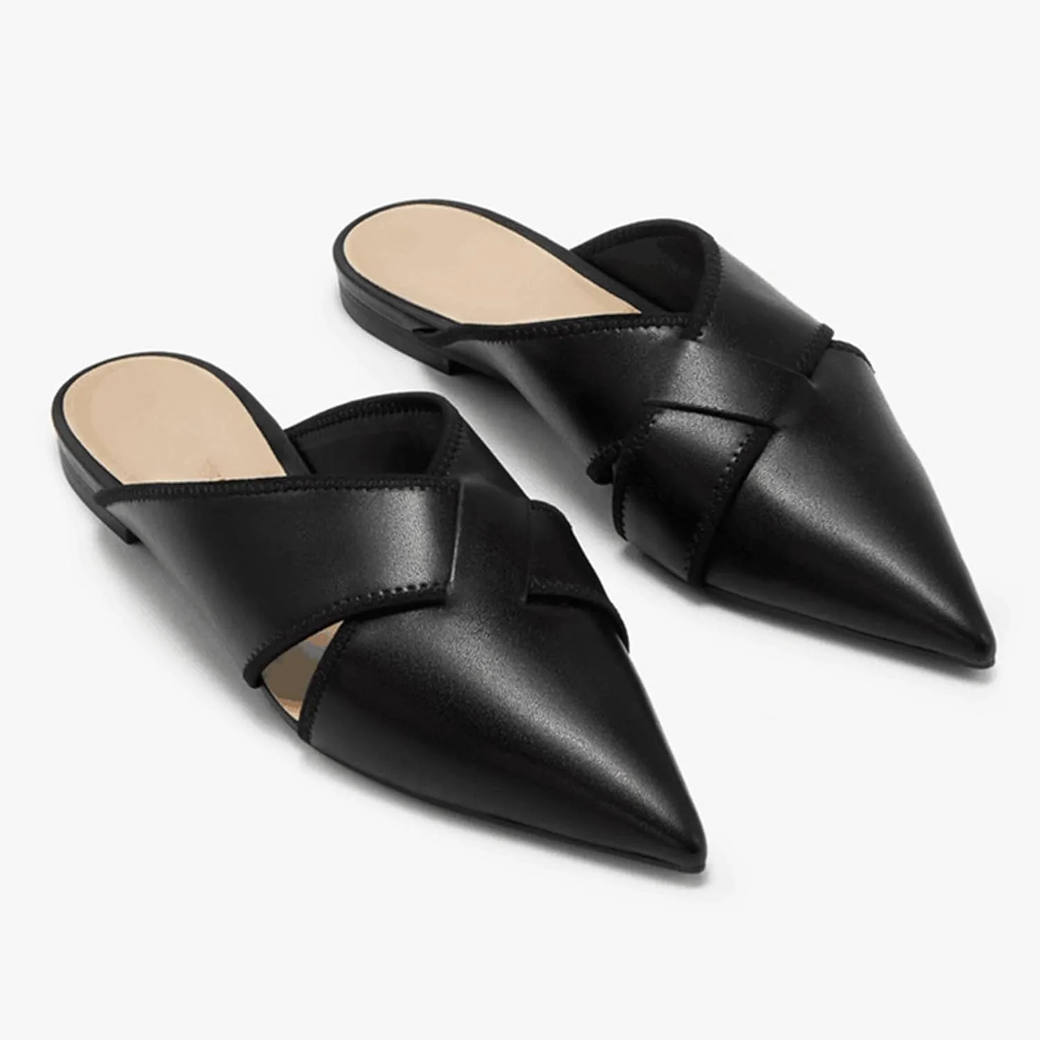 Women's Slip On Flat Mules Closed Pointed Toe Cut Out Comfortable Cross Strap Backless Loafer Shoes