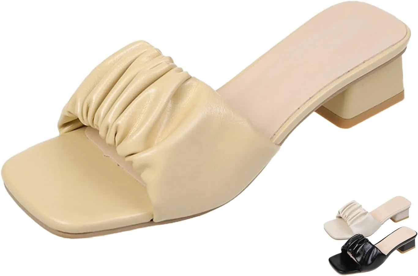 Women's Square Open Toe Low Chunky Heel Mule Sandals,Fashion Pleated Design Slip-on Block Heel Slides Sandals Lightweight Comfort Dress Sandals