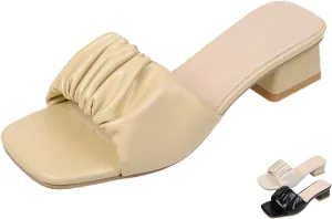 Women's Square Open Toe Low Chunky Heel Mule Sandals,Fashion Pleated Design Slip-on Block Heel Slides Sandals Lightweight Comfort Dress Sandals