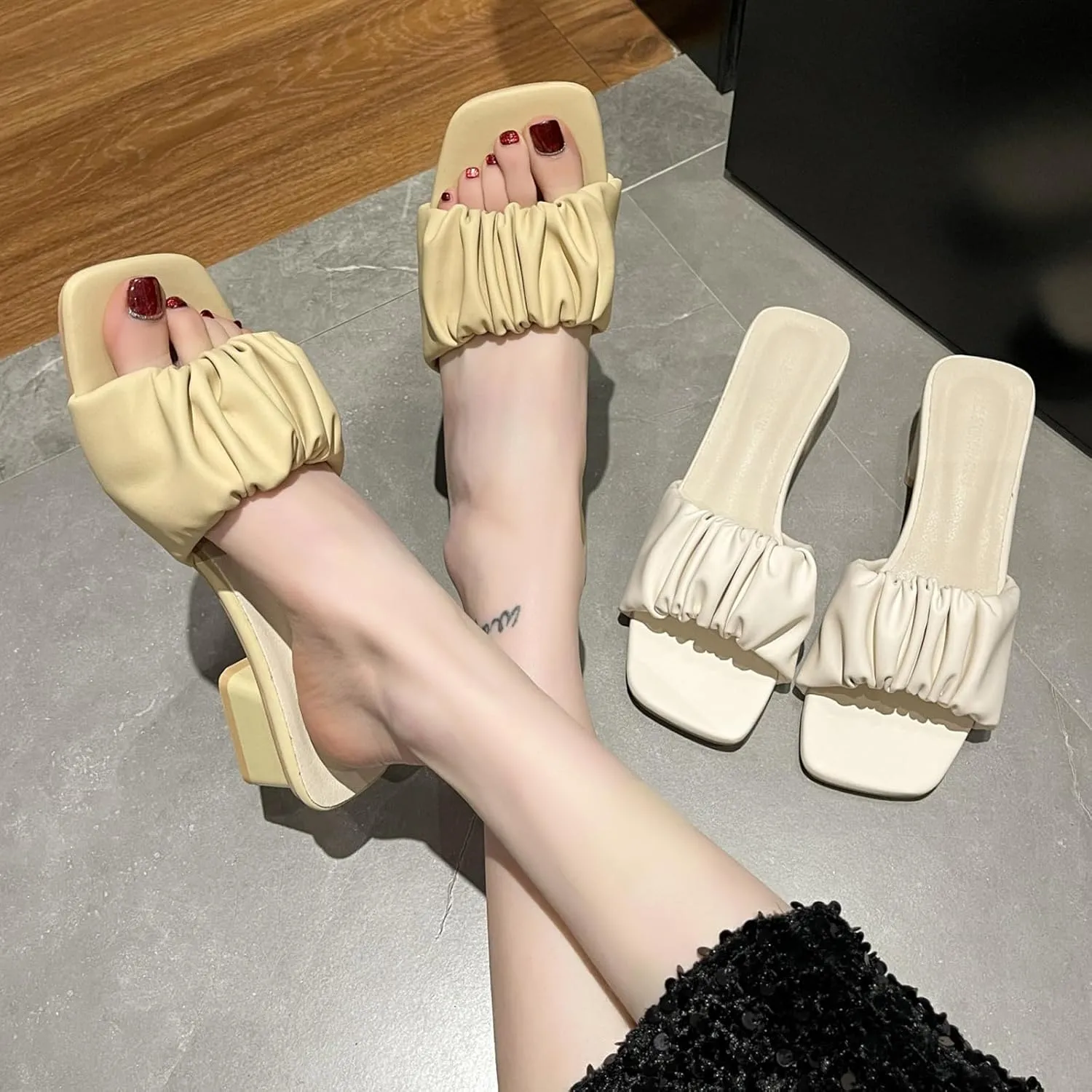 Women's Square Open Toe Low Chunky Heel Mule Sandals,Fashion Pleated Design Slip-on Block Heel Slides Sandals Lightweight Comfort Dress Sandals