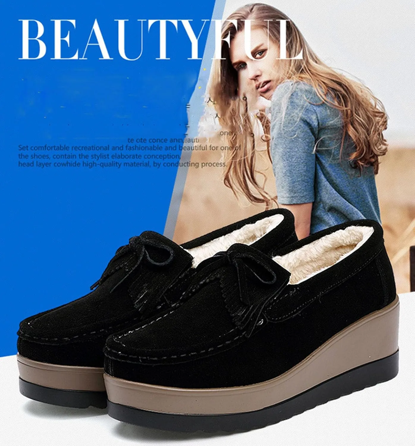 Women's Tassel Suede Plush Wedge Shaped Sports Shoes Fashion Thick Sole Arched Casual Loafers Velvet Tassel Bow Wedge Casual Shoes