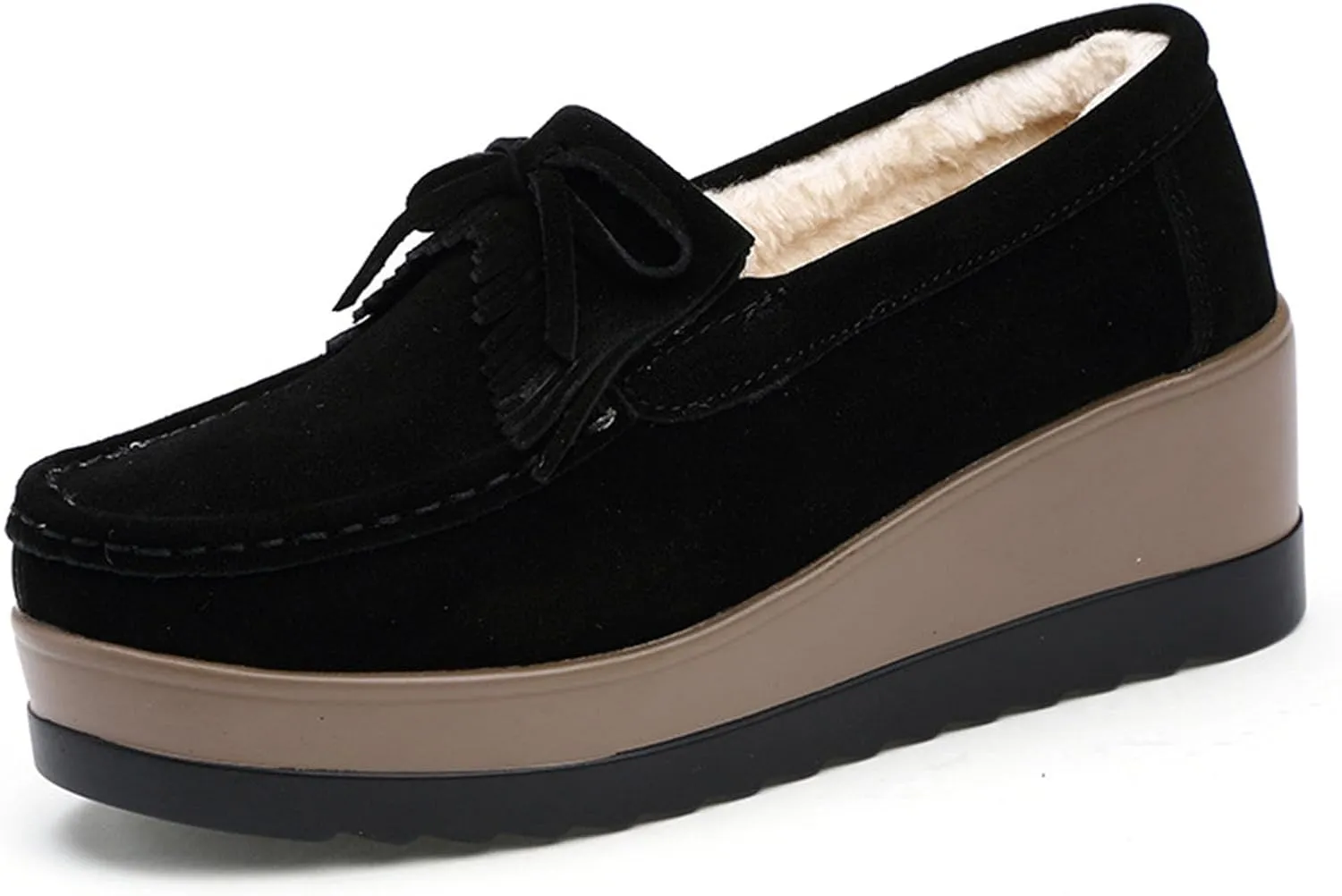 Women's Tassel Suede Plush Wedge Shaped Sports Shoes Fashion Thick Sole Arched Casual Loafers Velvet Tassel Bow Wedge Casual Shoes