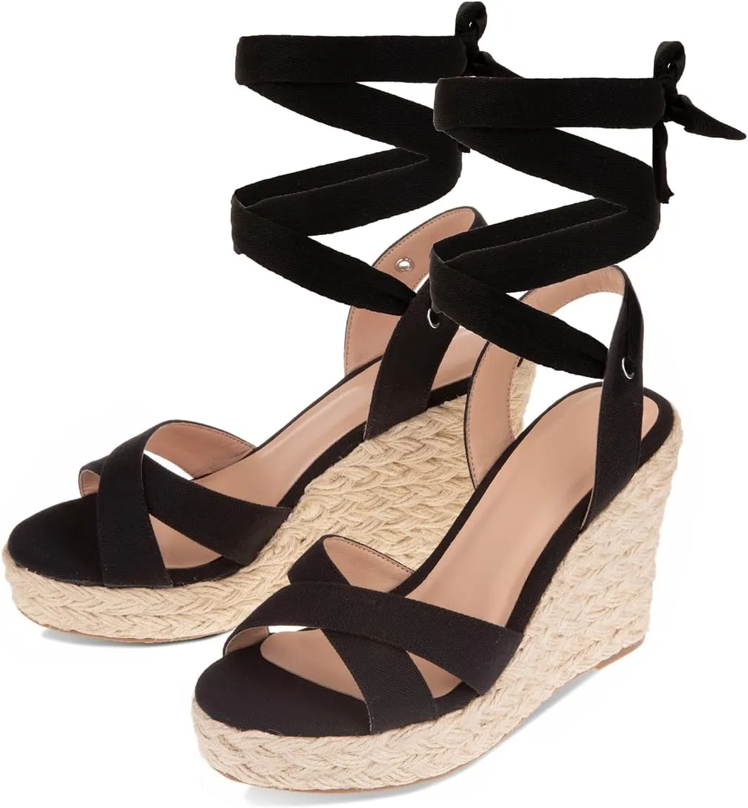Women's Wedge Platform Espadrille Open Toe Lace-Up Sandals, Cross Strap Wedge Sandals Summer Espadrilles Ankle Strap Buckle Platform Sandals