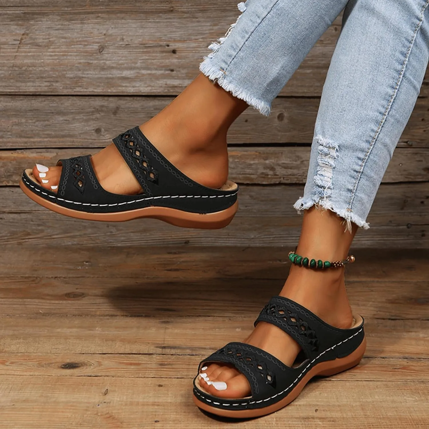 Women's Wedge Sandals - Wide Width, Arch Support, Slip On, Comfortable & Lightweight