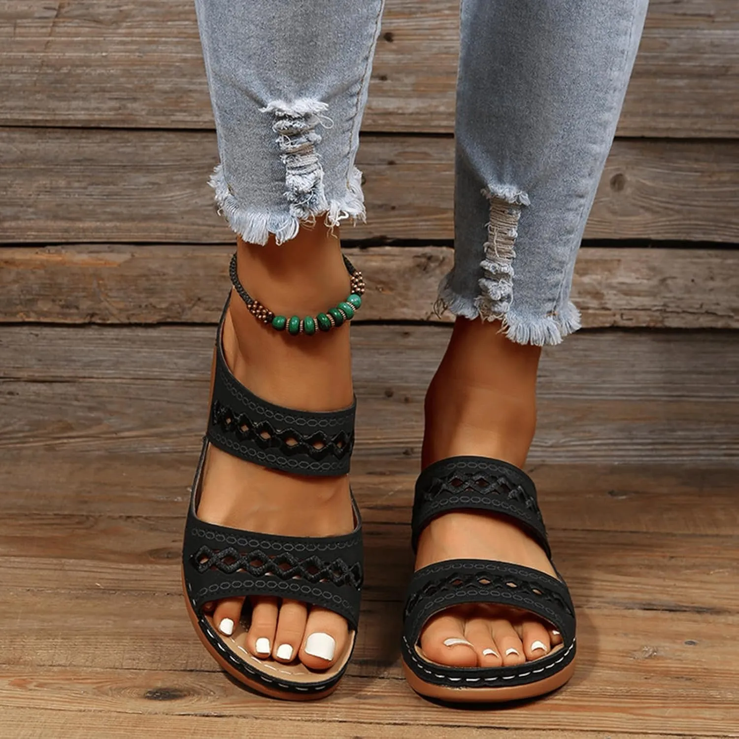 Women's Wedge Sandals - Wide Width, Arch Support, Slip On, Comfortable & Lightweight