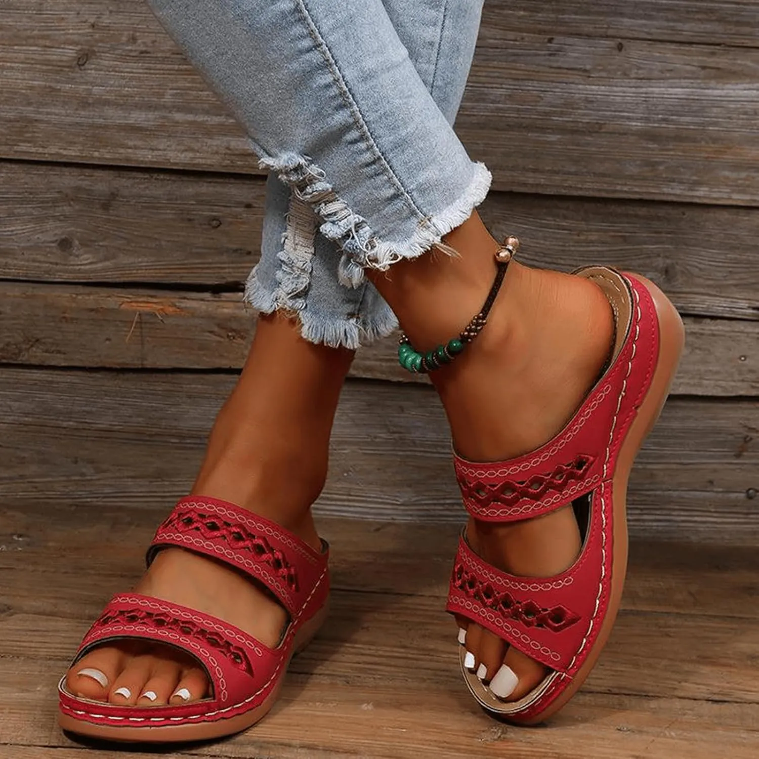 Women's Wedge Sandals - Wide Width, Arch Support, Slip On, Comfortable & Lightweight