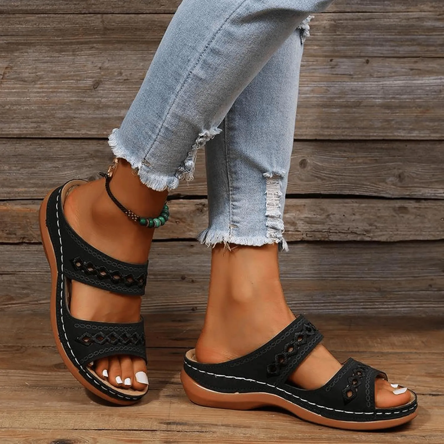 Women's Wedge Sandals - Wide Width, Arch Support, Slip On, Comfortable & Lightweight