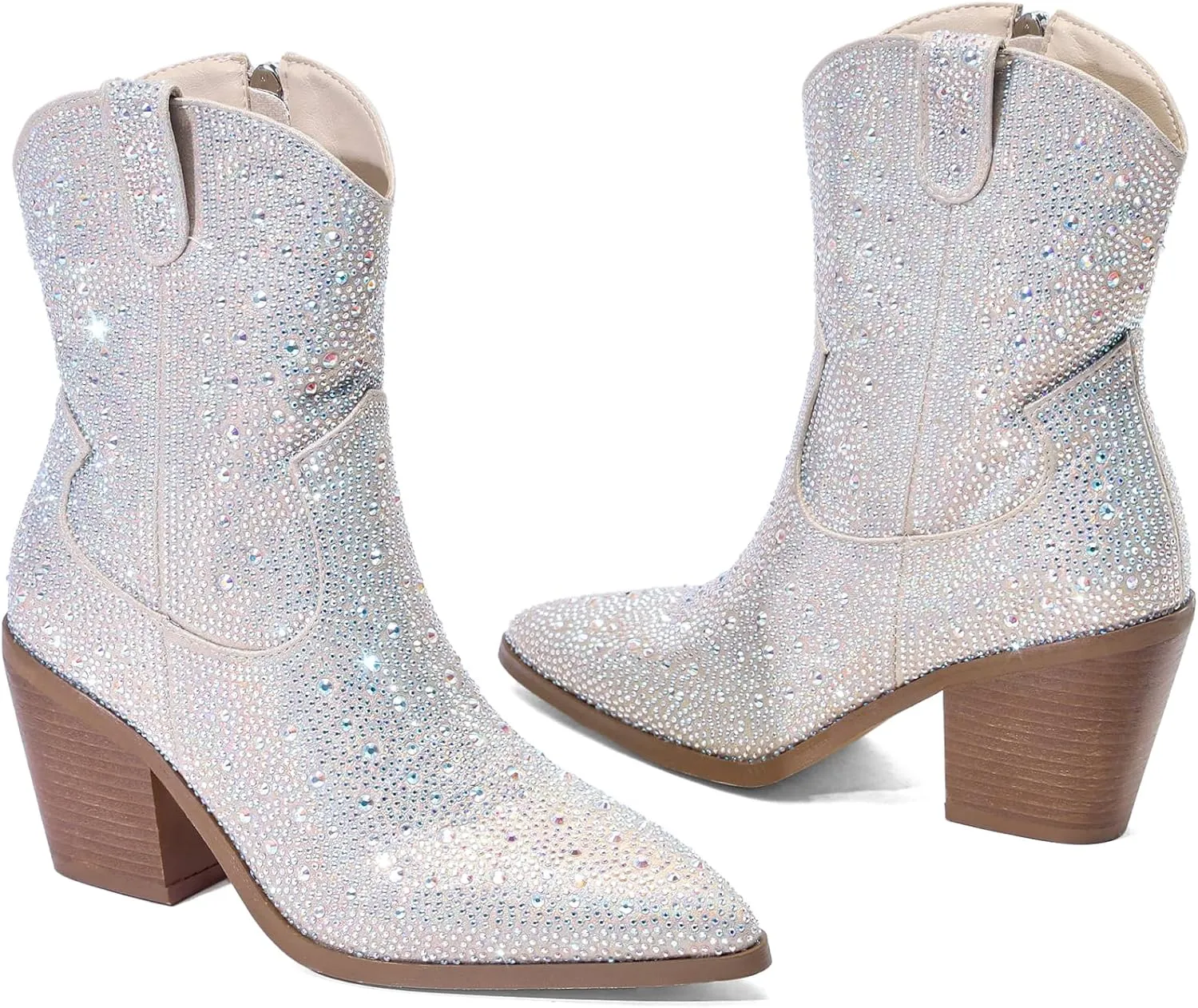 Women's Western Rheinstone Cowboy Boots Block Heel Pointed Toe Flash Ankle Boots for Outdoor Party Side Zip Comfort Booties
