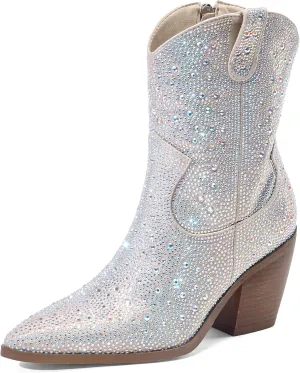Women's Western Rheinstone Cowboy Boots Block Heel Pointed Toe Flash Ankle Boots for Outdoor Party Side Zip Comfort Booties