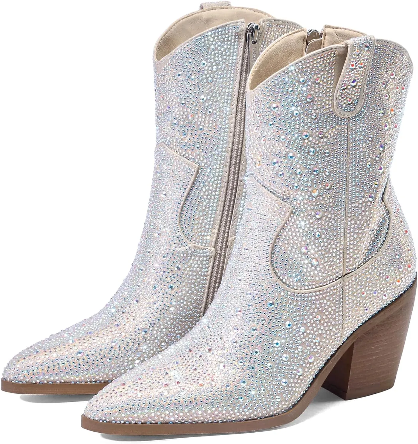 Women's Western Rheinstone Cowboy Boots Block Heel Pointed Toe Flash Ankle Boots for Outdoor Party Side Zip Comfort Booties