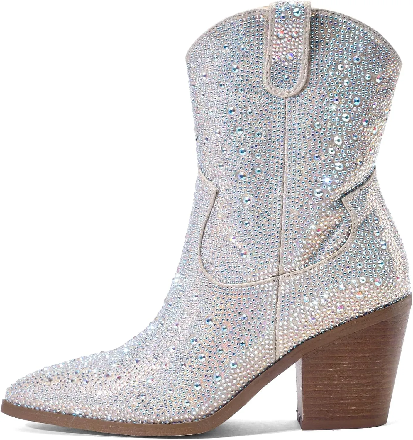 Women's Western Rheinstone Cowboy Boots Block Heel Pointed Toe Flash Ankle Boots for Outdoor Party Side Zip Comfort Booties