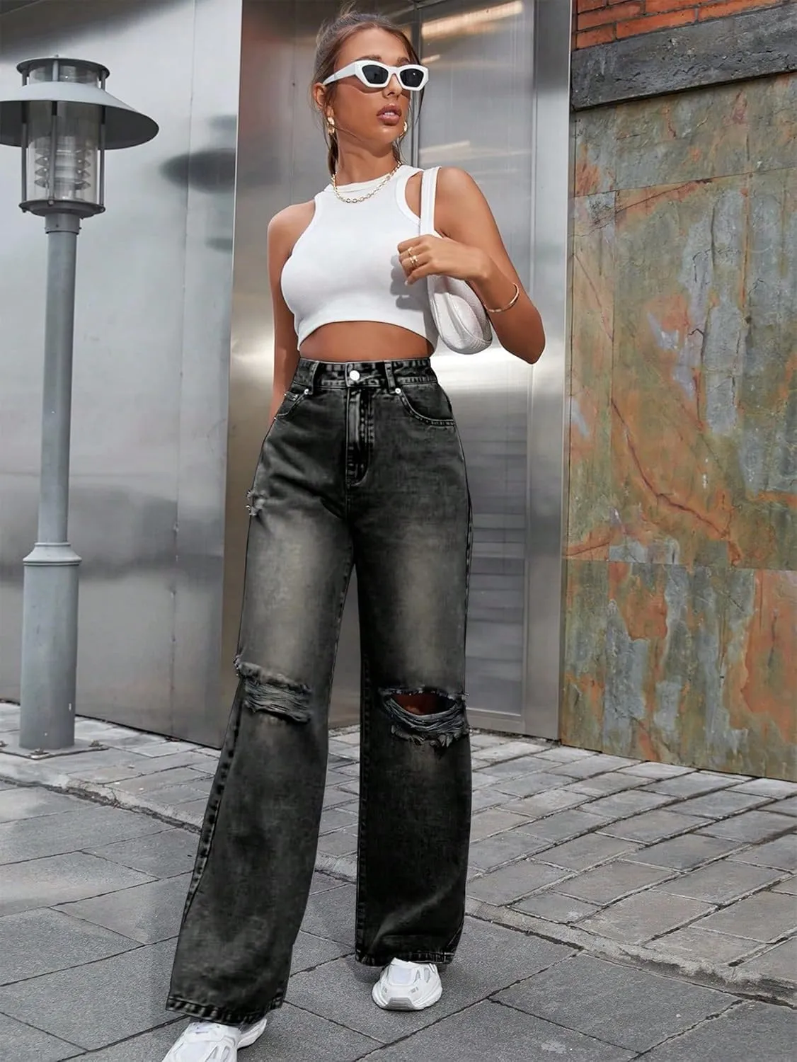 Women's Wide Leg Ripped Baggy Jeans Distressed Stretchy High Waist Loose Fit Boyfriend Denim Pants Y2K