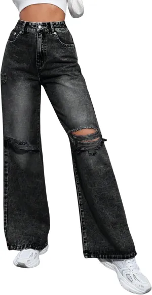 Women's Wide Leg Ripped Baggy Jeans Distressed Stretchy High Waist Loose Fit Boyfriend Denim Pants Y2K