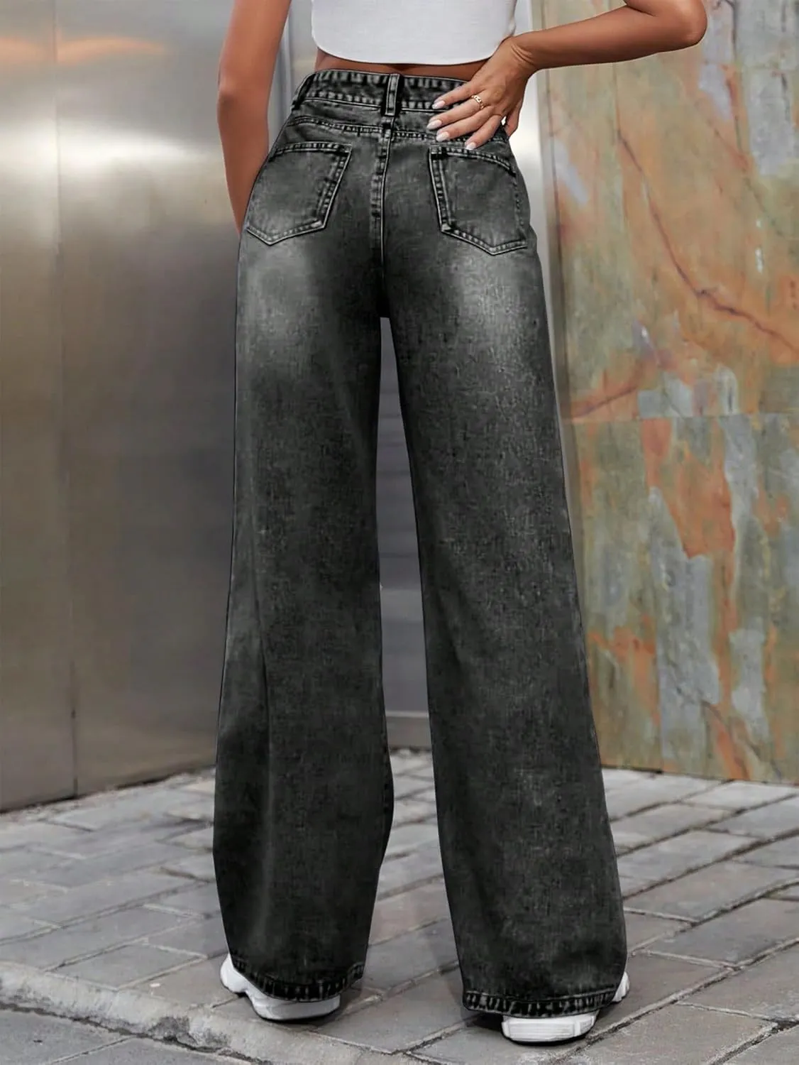 Women's Wide Leg Ripped Baggy Jeans Distressed Stretchy High Waist Loose Fit Boyfriend Denim Pants Y2K