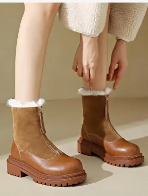 Women's Winter Combat Boots, Comfortable Warm Faux Fur Lined Outdoor Walking Boots Zipper Splicing Ankle