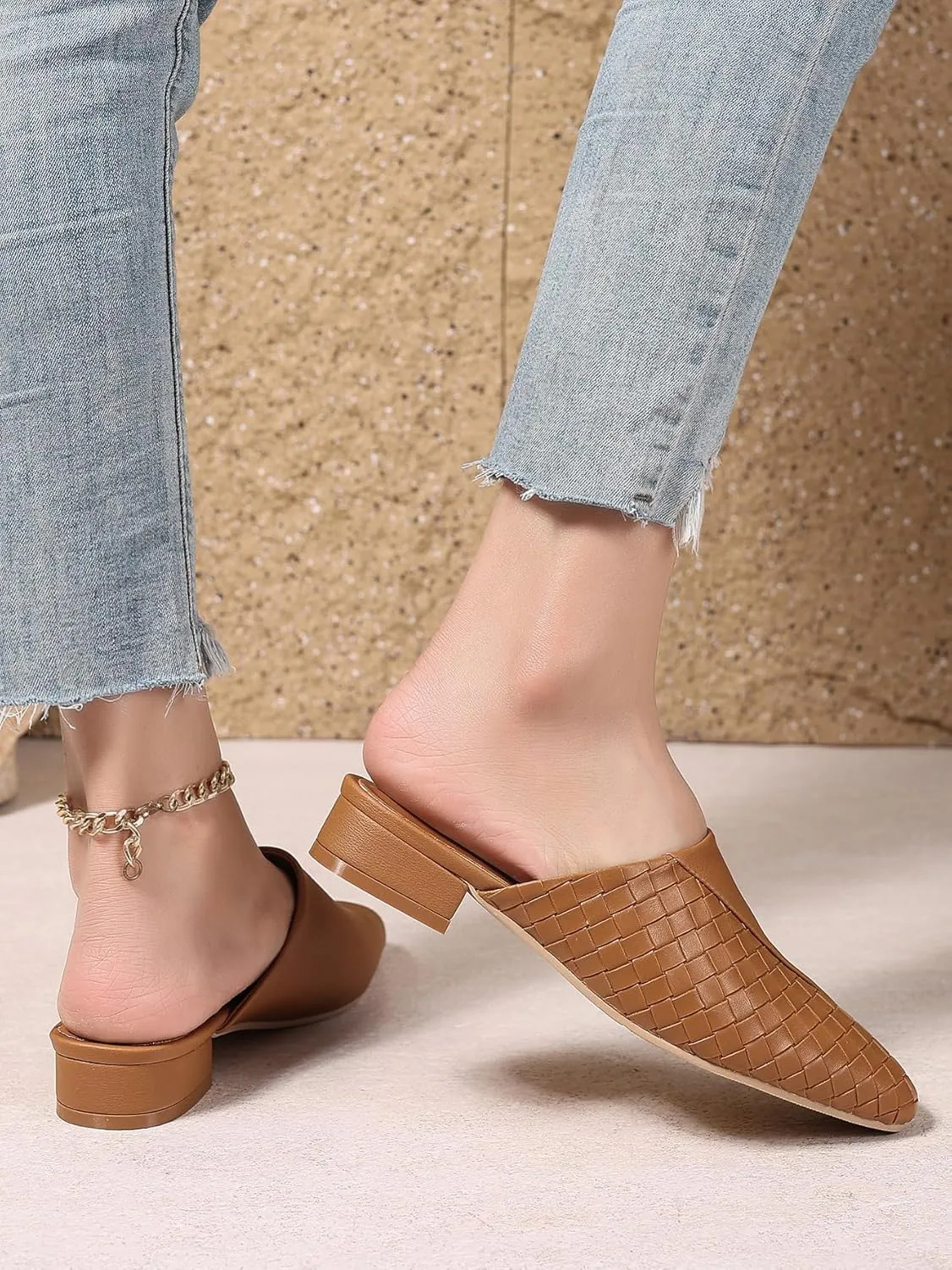 Women's Woven Mules Patchwork Ladies Trendy Low Heel Slip-On Shoes Comfortable Summer Casual Slides for Women