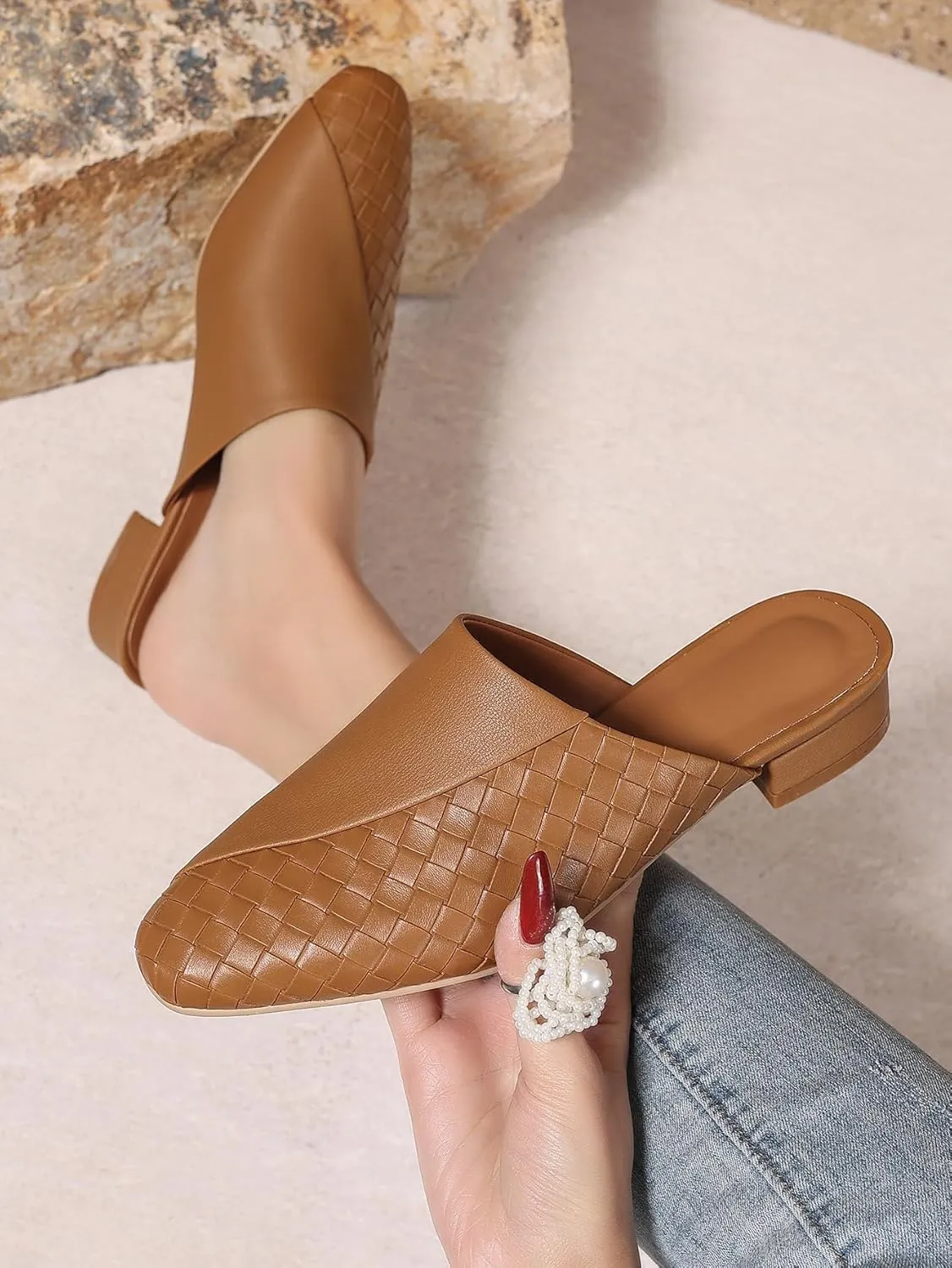Women's Woven Mules Patchwork Ladies Trendy Low Heel Slip-On Shoes Comfortable Summer Casual Slides for Women