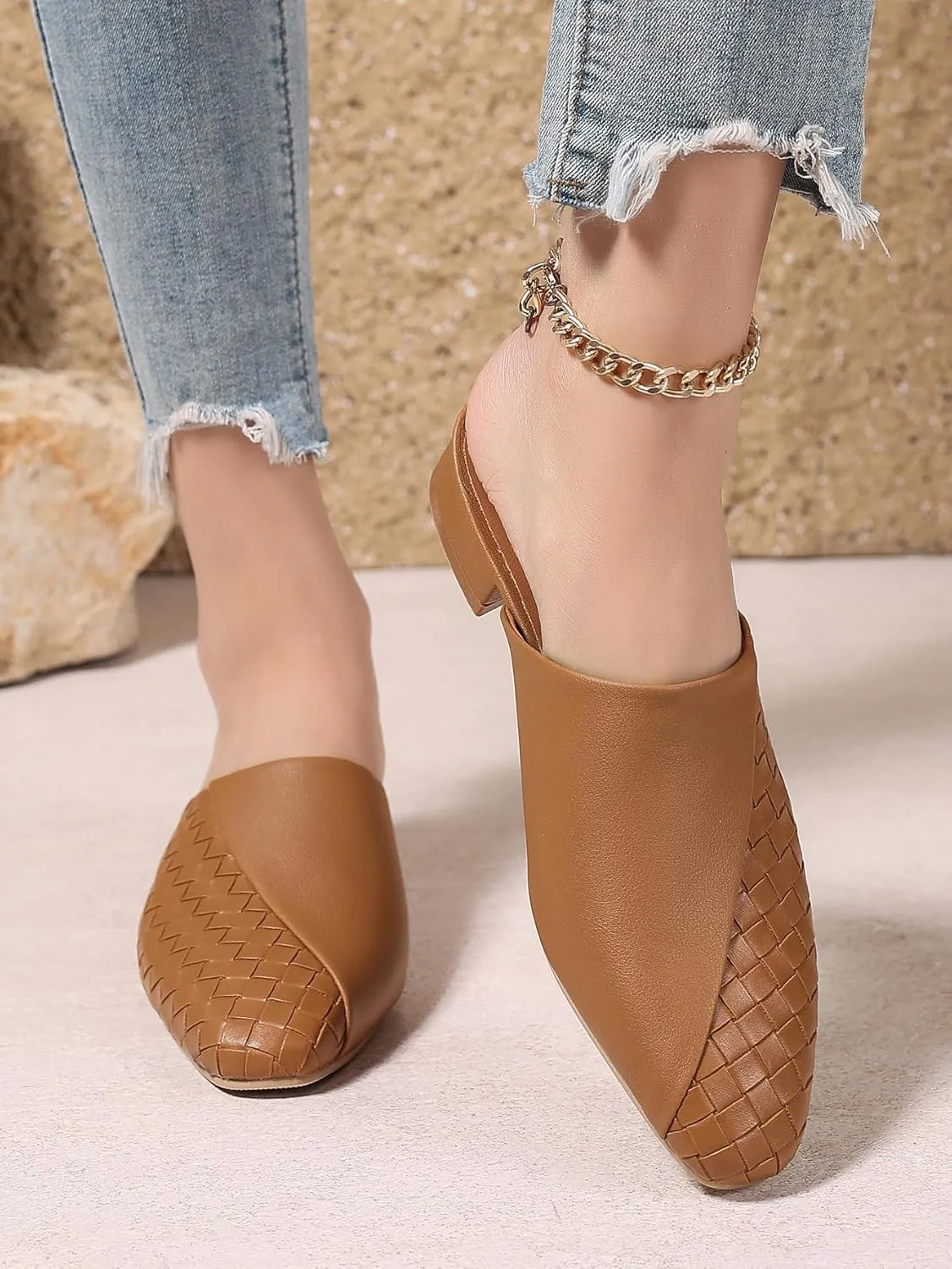 Women's Woven Mules Patchwork Ladies Trendy Low Heel Slip-On Shoes Comfortable Summer Casual Slides for Women