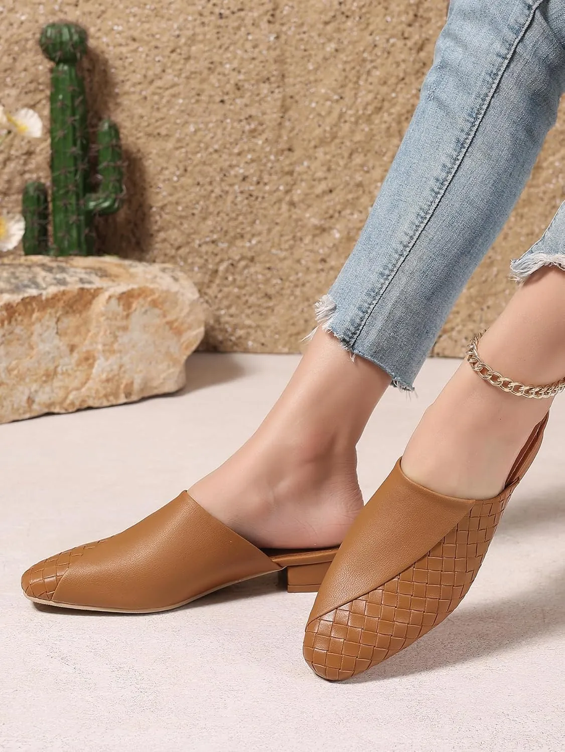 Women's Woven Mules Patchwork Ladies Trendy Low Heel Slip-On Shoes Comfortable Summer Casual Slides for Women