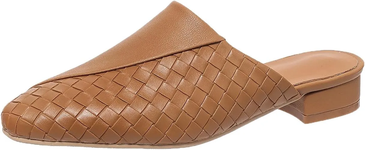 Women's Woven Mules Patchwork Ladies Trendy Low Heel Slip-On Shoes Comfortable Summer Casual Slides for Women