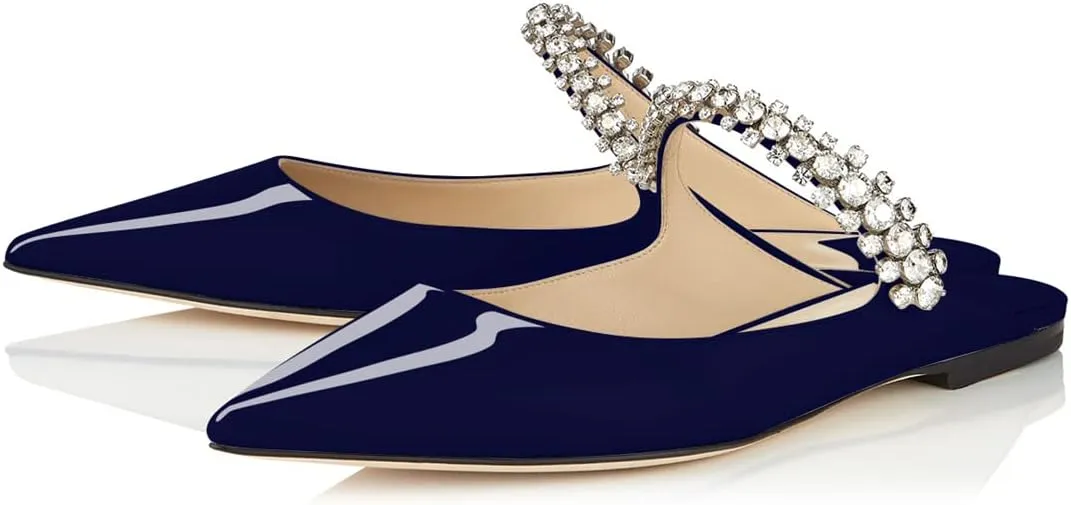 XINIUNIU Women Heeled Mules Patent Leather Strapped Mules Pointed Toe Slip On Sandals for Women Rhinestones Bridal Dress Shoes