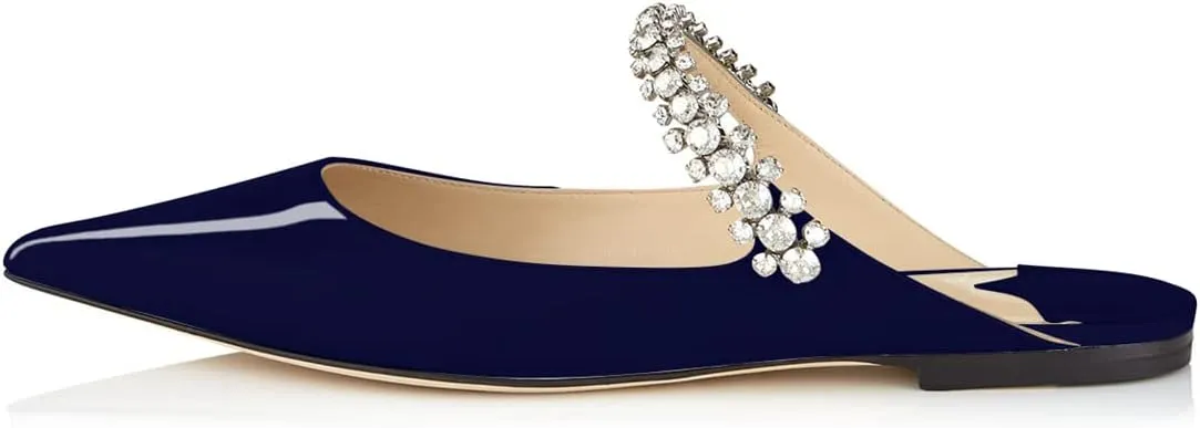 XINIUNIU Women Heeled Mules Patent Leather Strapped Mules Pointed Toe Slip On Sandals for Women Rhinestones Bridal Dress Shoes