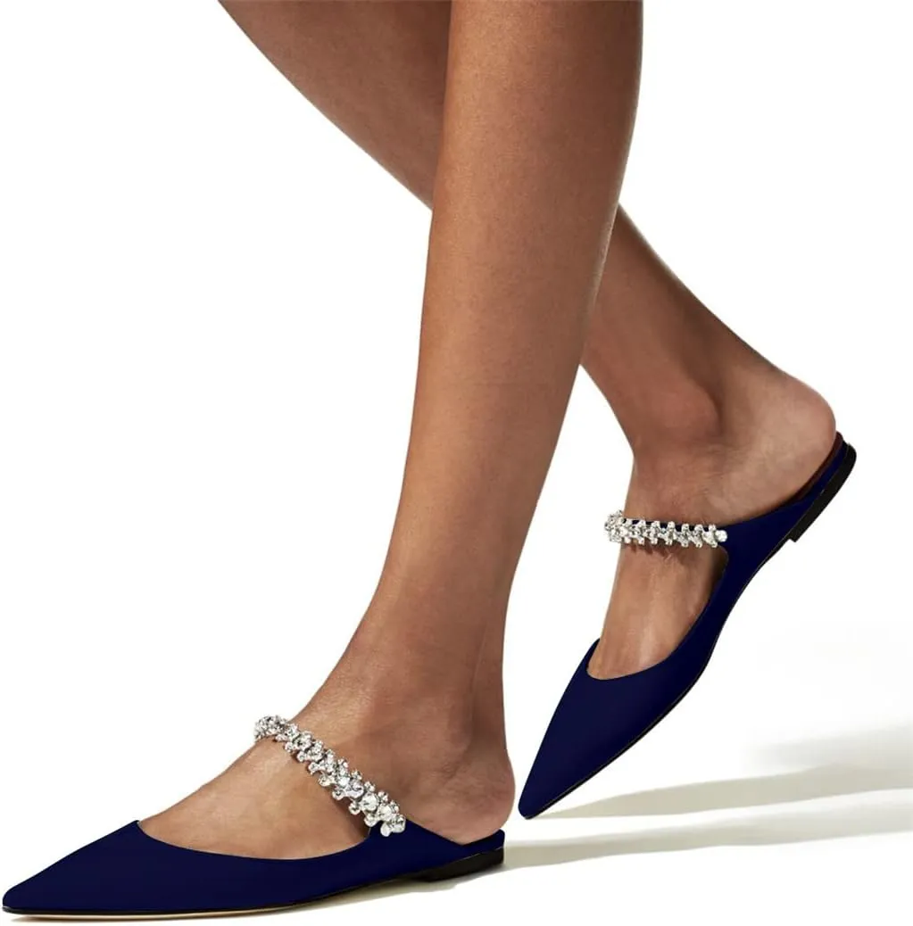 XINIUNIU Women Heeled Mules Patent Leather Strapped Mules Pointed Toe Slip On Sandals for Women Rhinestones Bridal Dress Shoes