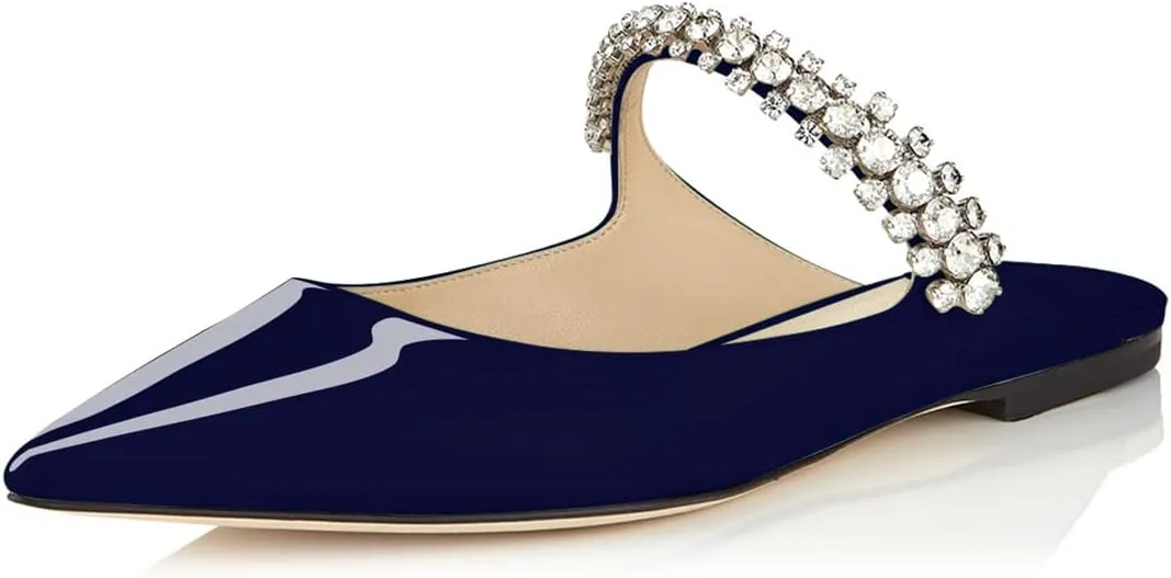 XINIUNIU Women Heeled Mules Patent Leather Strapped Mules Pointed Toe Slip On Sandals for Women Rhinestones Bridal Dress Shoes