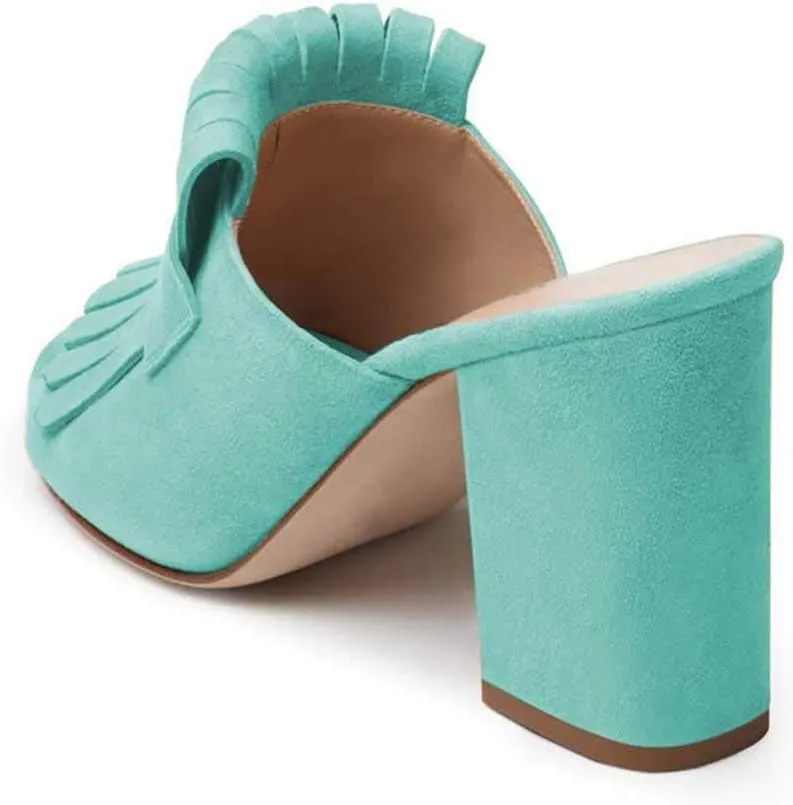 XYD Open Toe Heeled Mules with Fringe Slip On High Chunky Heels Summer Slides Sandals Holiday Casual Dress Shoes for Women