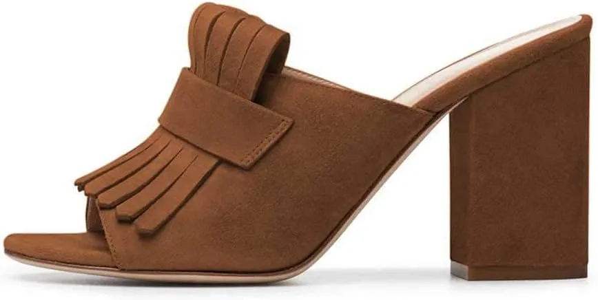 XYD Open Toe Heeled Mules with Fringe Slip On High Chunky Heels Summer Slides Sandals Holiday Casual Dress Shoes for Women