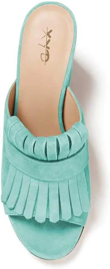 XYD Open Toe Heeled Mules with Fringe Slip On High Chunky Heels Summer Slides Sandals Holiday Casual Dress Shoes for Women