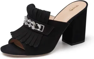 XYD Open Toe Heeled Mules with Fringe Slip On High Chunky Heels Summer Slides Sandals Holiday Casual Dress Shoes for Women