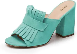 XYD Open Toe Heeled Mules with Fringe Slip On High Chunky Heels Summer Slides Sandals Holiday Casual Dress Shoes for Women