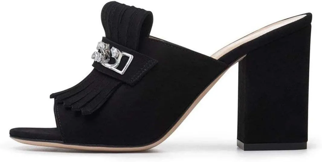 XYD Open Toe Heeled Mules with Fringe Slip On High Chunky Heels Summer Slides Sandals Holiday Casual Dress Shoes for Women