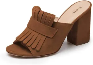 XYD Open Toe Heeled Mules with Fringe Slip On High Chunky Heels Summer Slides Sandals Holiday Casual Dress Shoes for Women