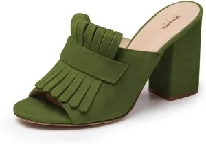 XYD Open Toe Heeled Mules with Fringe Slip On High Chunky Heels Summer Slides Sandals Holiday Casual Dress Shoes for Women