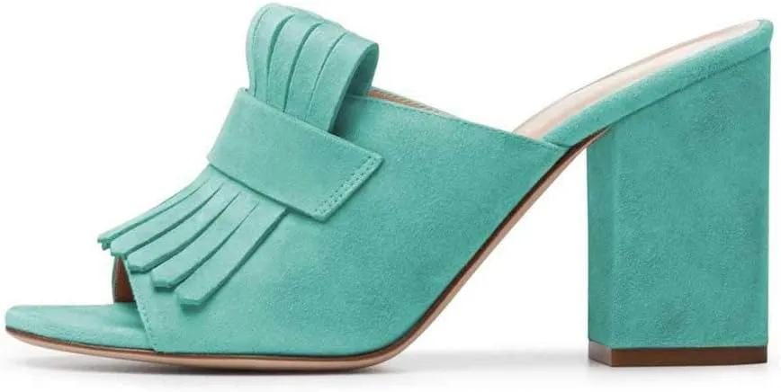 XYD Open Toe Heeled Mules with Fringe Slip On High Chunky Heels Summer Slides Sandals Holiday Casual Dress Shoes for Women
