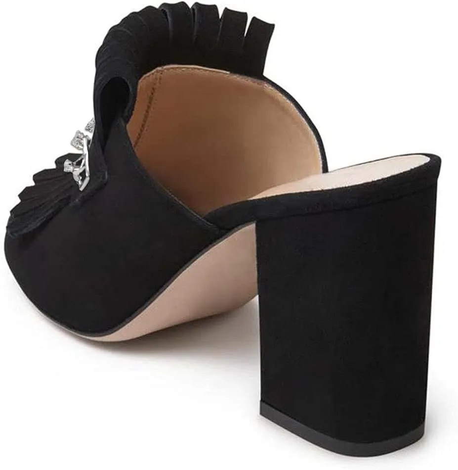 XYD Open Toe Heeled Mules with Fringe Slip On High Chunky Heels Summer Slides Sandals Holiday Casual Dress Shoes for Women