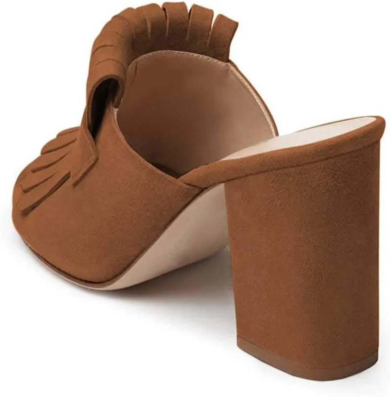 XYD Open Toe Heeled Mules with Fringe Slip On High Chunky Heels Summer Slides Sandals Holiday Casual Dress Shoes for Women
