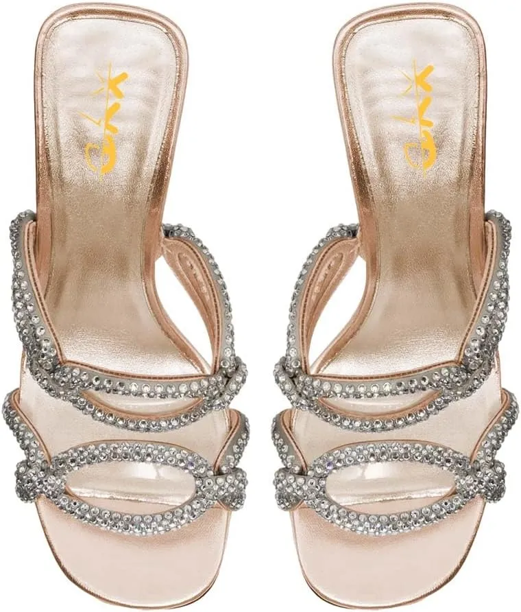 XYD Women Crystal Block High Heels Sandals Open Toe Two Strap Rhinestone Chain Dress Slides Mules Slip On Clear Dress Shoes