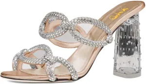 XYD Women Crystal Block High Heels Sandals Open Toe Two Strap Rhinestone Chain Dress Slides Mules Slip On Clear Dress Shoes